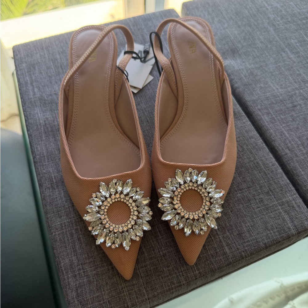 ZARA Tan Slingback Heels with Crystal Embellishment